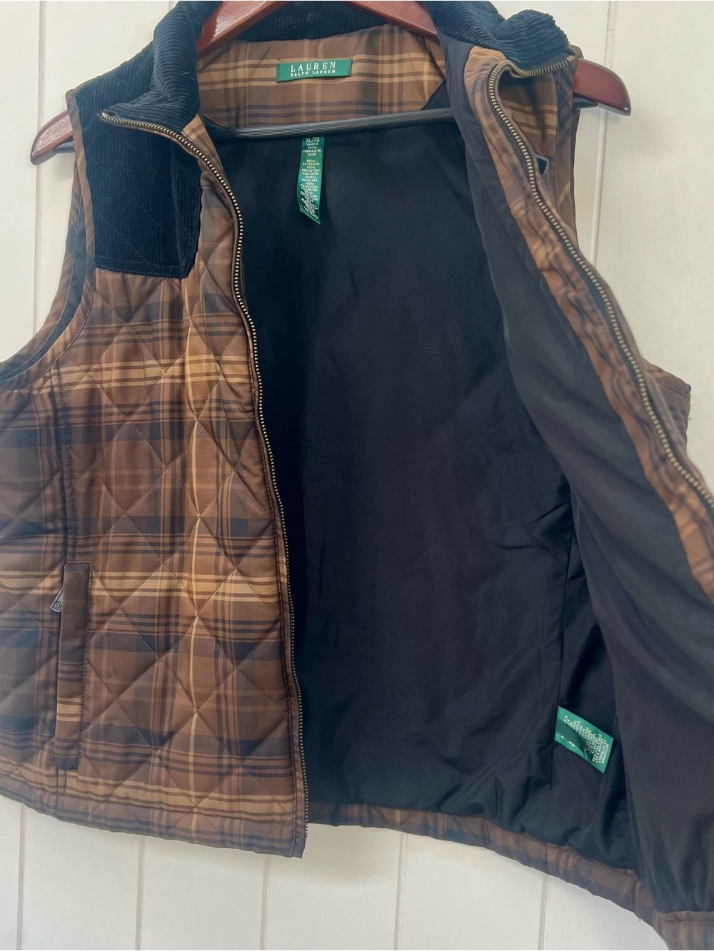 Lauren Ralph Lauren Quilted Brown Plaid Puffer Vest Corduroy Collar XL - Picture 4 of 4